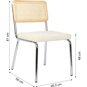 Lot de 2 chaises chromées, cannage et velours côtelé - PAULA