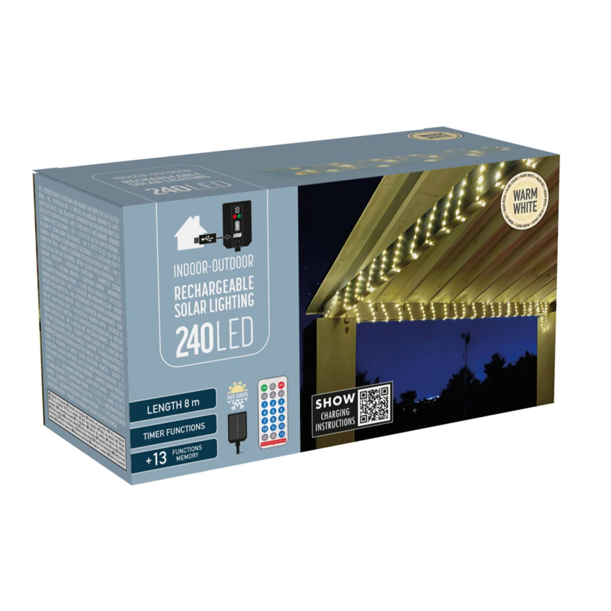 Luz solar led recargable con control remoto blanco cálido con 13 modos, temporizador y cable de 3m