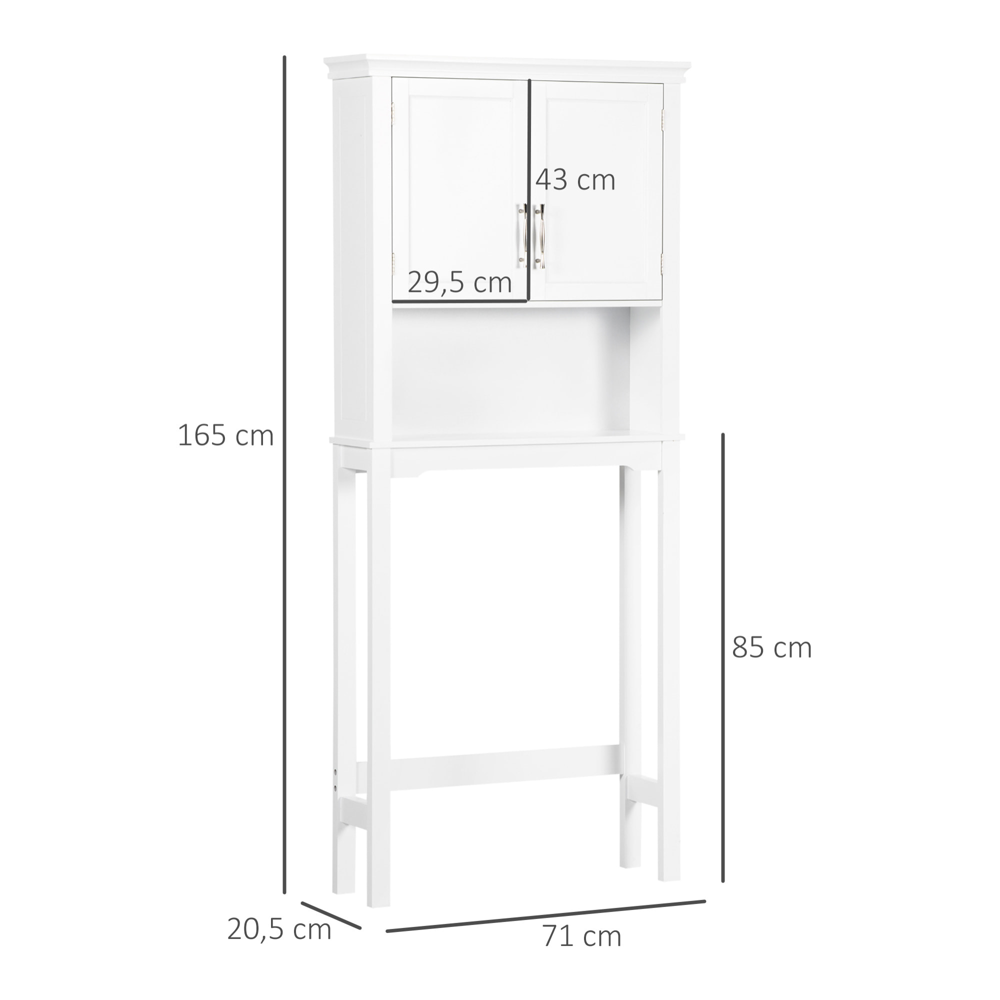 Meuble WC dessus de toilette - 2 portes, étagère, niche - poignées métal MDF blanc