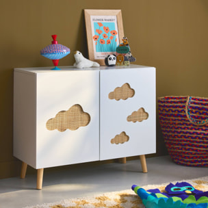 Commode enfant. blanc. 2 portes avec nuages en cannage. 2 étagères