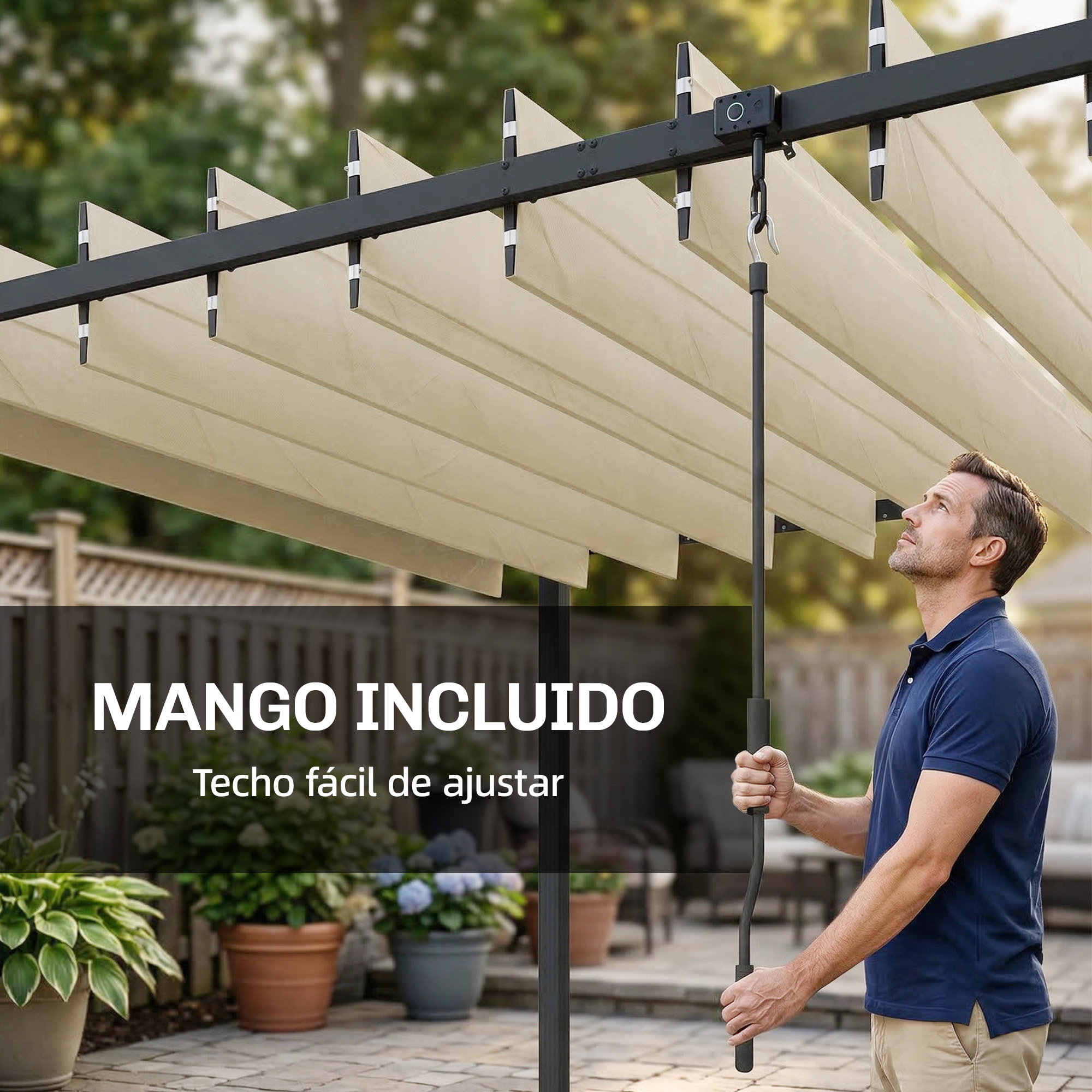 Pérgola de Jardín 3x3,8 m, Cenador de Jardín con Techo de Lamas Ajustable a 90°, Manivela, Estructura de Aluminio y Acero, Protección UPF50+, Pabellón para Exterior, Patio, Terraza, Beige