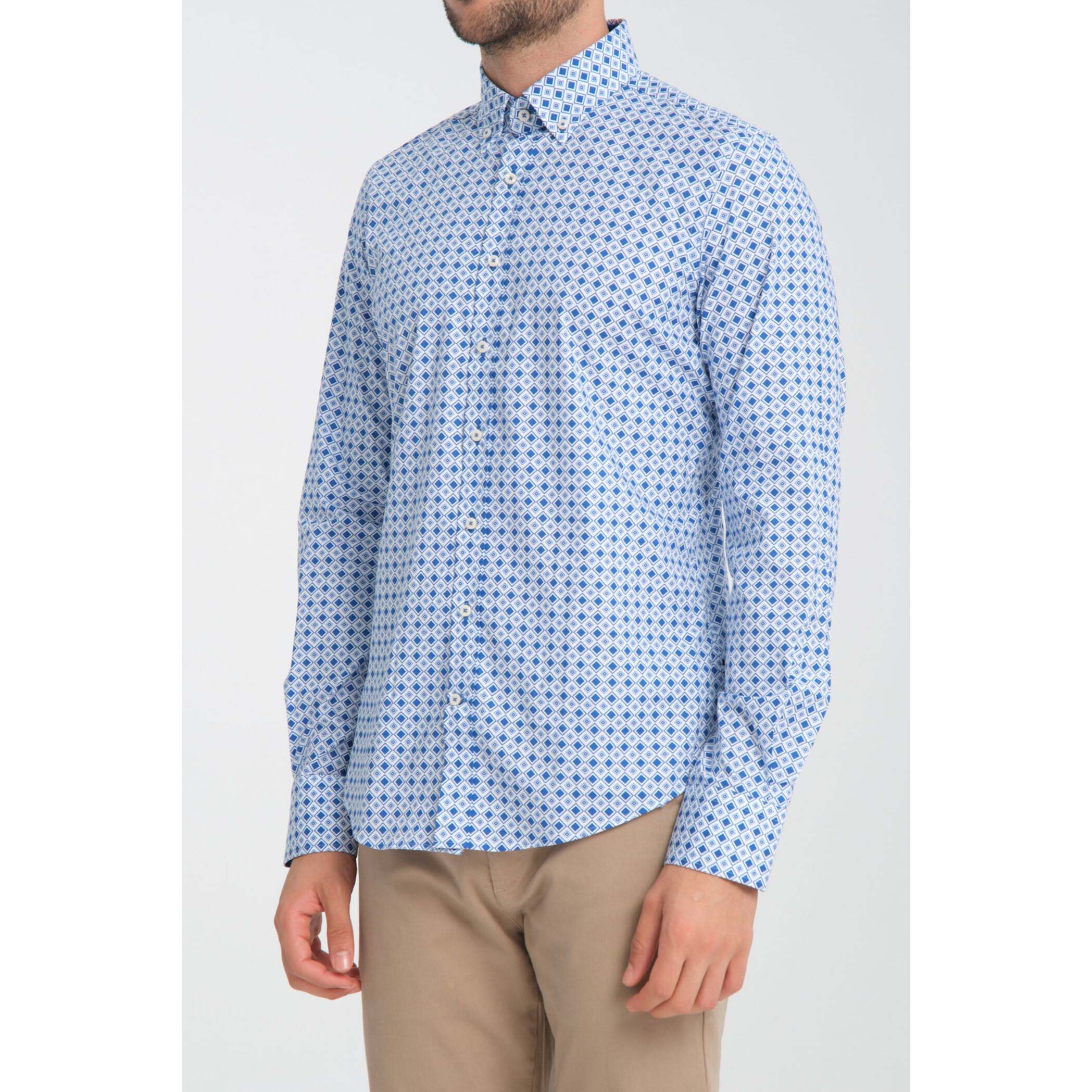 camicia uomo 1 bottone button down slim Popeline Stretch Stampato Bianco/Bluette