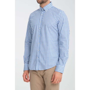 camicia uomo 1 bottone button down slim Popeline Stretch Stampato Bianco/Bluette