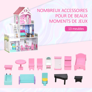 Maison de poupée 3 étages jeu d'imitation grand réalisme multi-équipements MDF rose