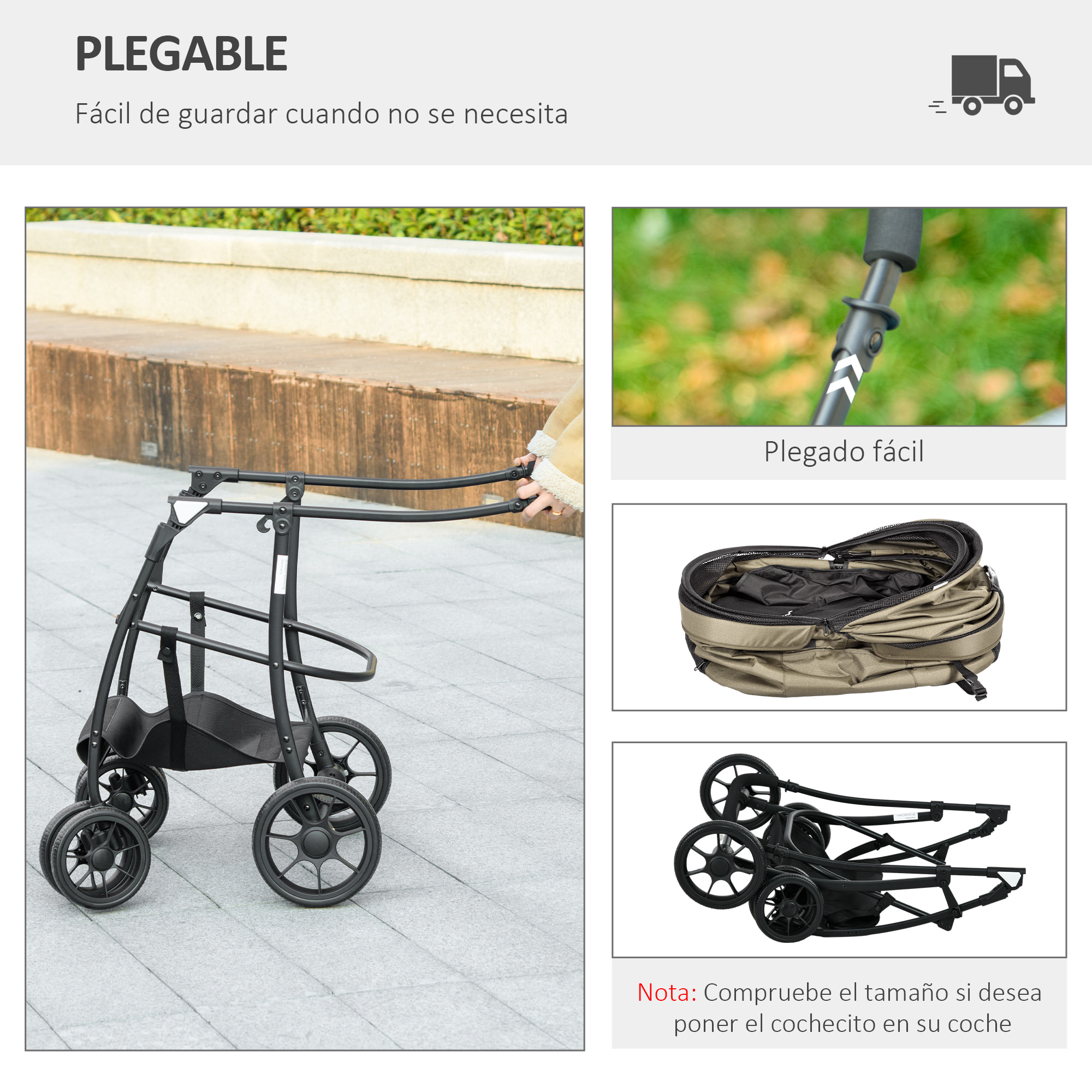 Carrito para Perros 2 en 1 Cochecito para Perros Pequeños Plegable con 2 Correas de Seguridad 2 Bolsillos Laterales Cojín Lavable y Ruedas Universales Carga 15 kg Caqui
