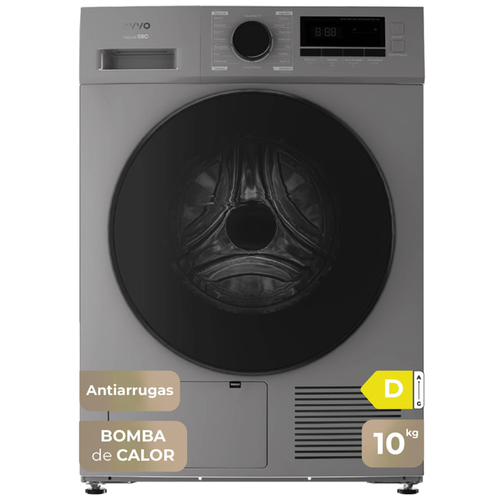 EVVO Secadora 10 kg bomba de calor S10, Clase energética D, Airfresh, Sensor de humedad, Antiarrugas, Inicio diferido, inox