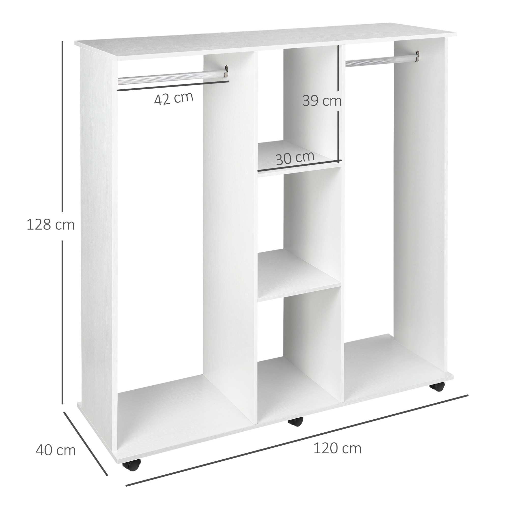 Armario Ropero con Ruedas Armario para Ropa con Barra Estantes Abiertos Organizador para Colgar Ropa de Dormitorio 120x40x128 cm Blanco