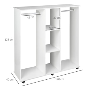 Armario Ropero con Ruedas Armario para Ropa con Barra Estantes Abiertos Organizador para Colgar Ropa de Dormitorio 120x40x128 cm Blanco