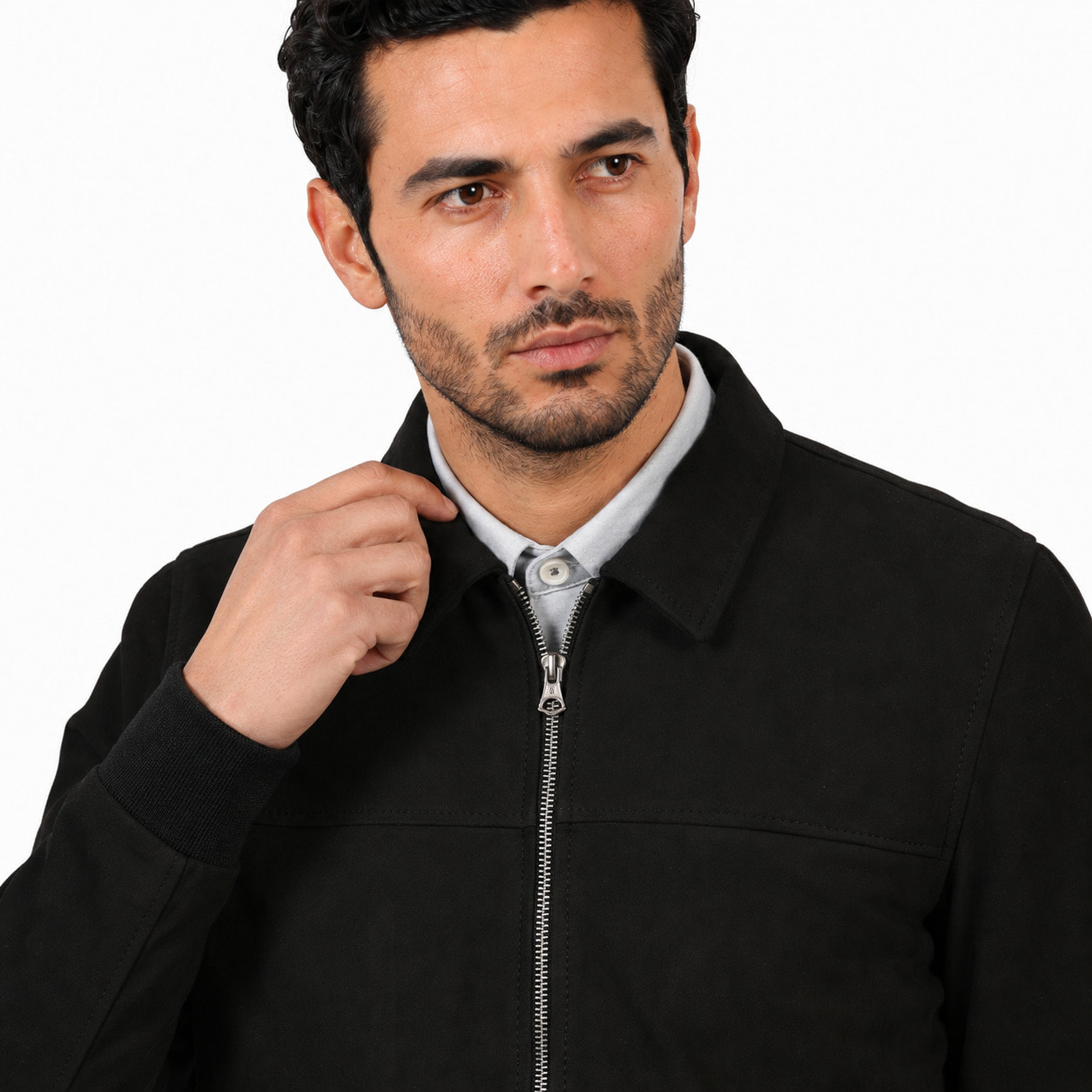 Giubbino in vera pelle di vitello scamosciata Nero-Slim Fit