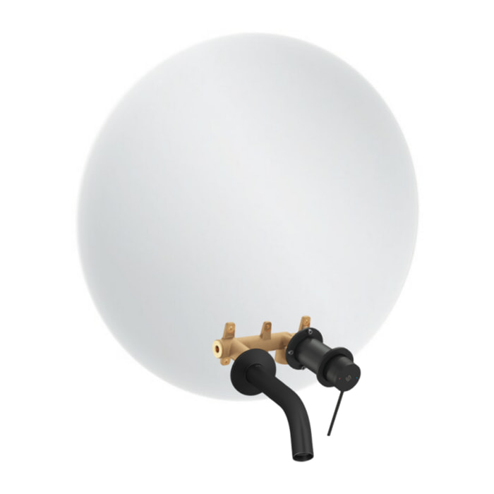 Miroir LED rond 2 trous + mitigeur lavabo encastré Grands Boulevards Noir mat + corps encastré