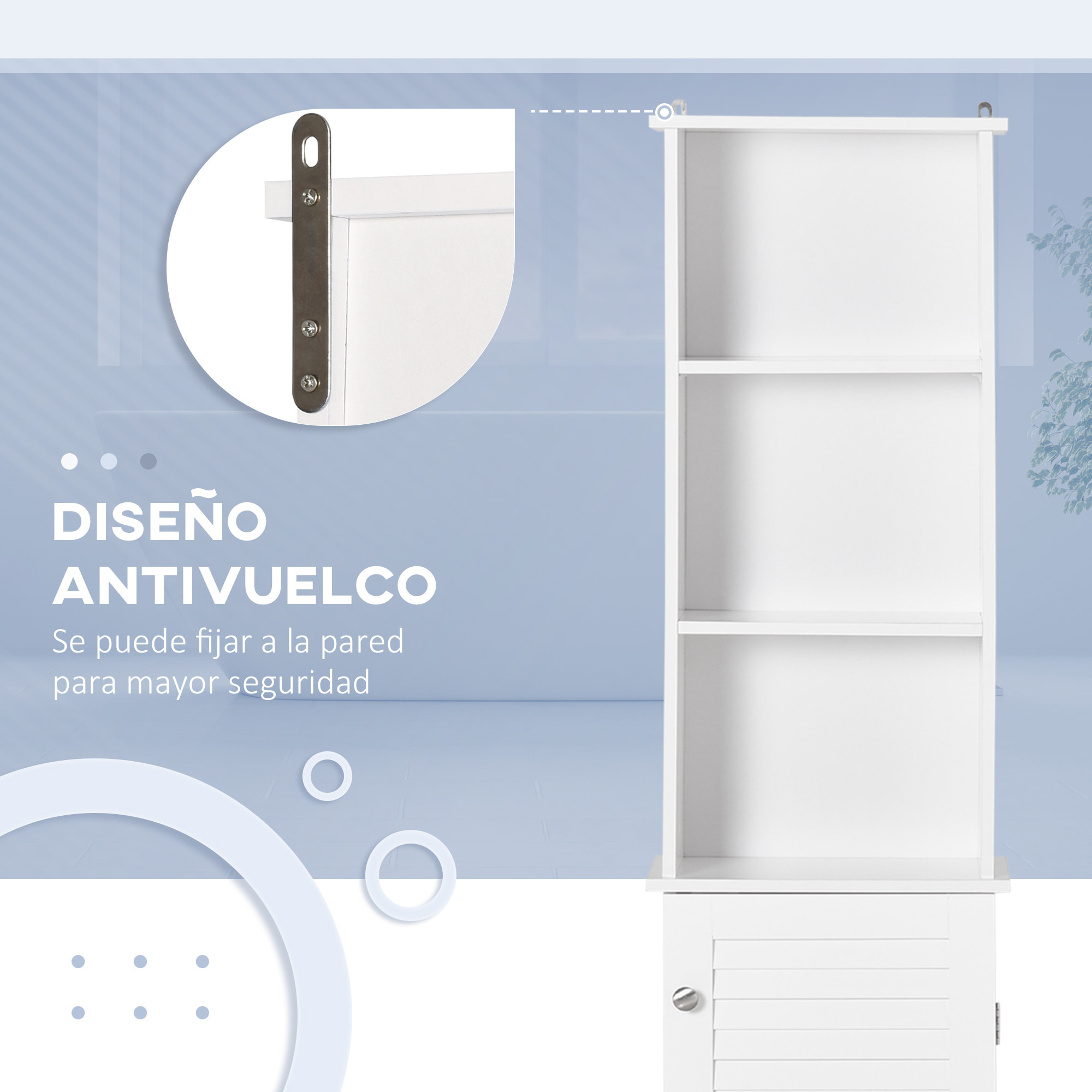 Armario Alto de Baño con 1 Puerta 3 Estantes Abiertos y Balda Interior Ajustable Mueble Auxiliar de Almacenaje para Salón Aseo Dormitorio 34x20x165 cm Blanco