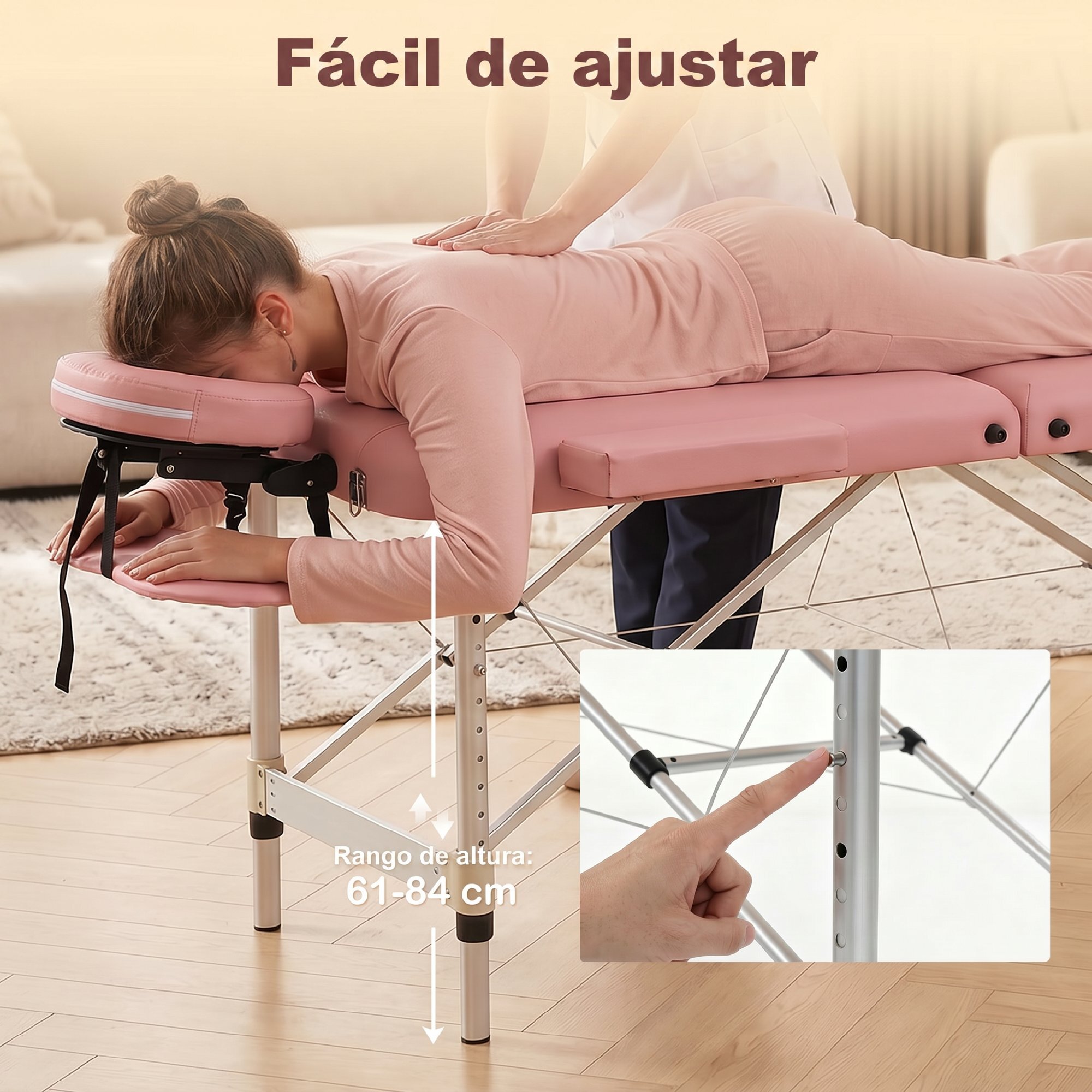 Camilla Masaje Plegable Portátil Camilla Estética Profesional de Aluminio de 3 Zonas con Respaldo Altura Ajustable 9 Niveles Reposacabezas Extraíble Reposabrazos Bolsa para Spa 215x81 cm Rosa