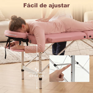 Camilla Masaje Plegable Portátil Camilla Estética Profesional de Aluminio de 3 Zonas con Respaldo Altura Ajustable 9 Niveles Reposacabezas Extraíble Reposabrazos Bolsa para Spa 215x81 cm Rosa