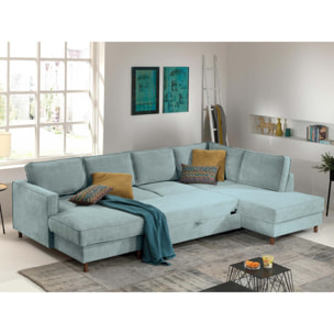 Jake - canapé panoramique d'angle droit - convertible avec coffre - 7 places - en velours côtelé - Bleu