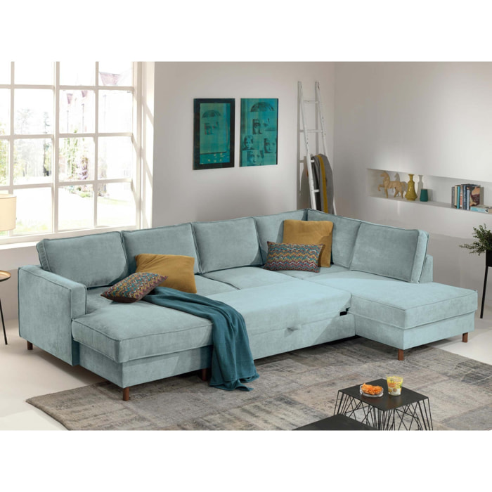 Jake - canapé panoramique d'angle droit - convertible avec coffre - 7 places - en velours côtelé - Bleu