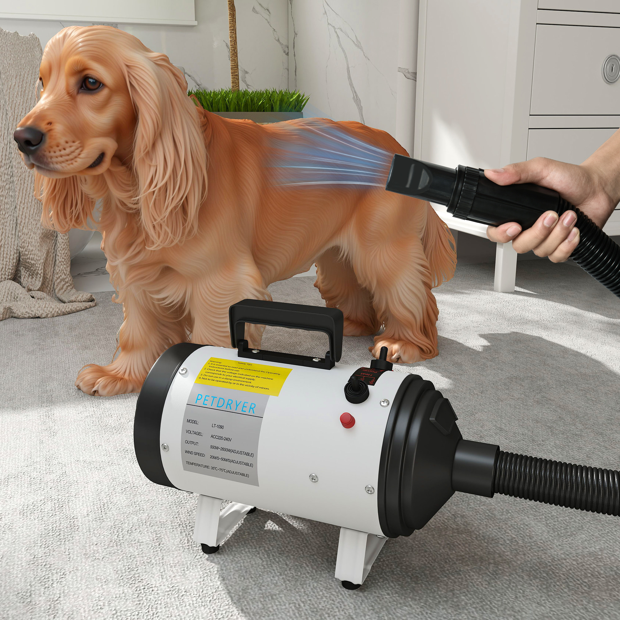 Séchoir pulseur chien professionnel 2200W 3 buses 3 températures réglables poignée blanc