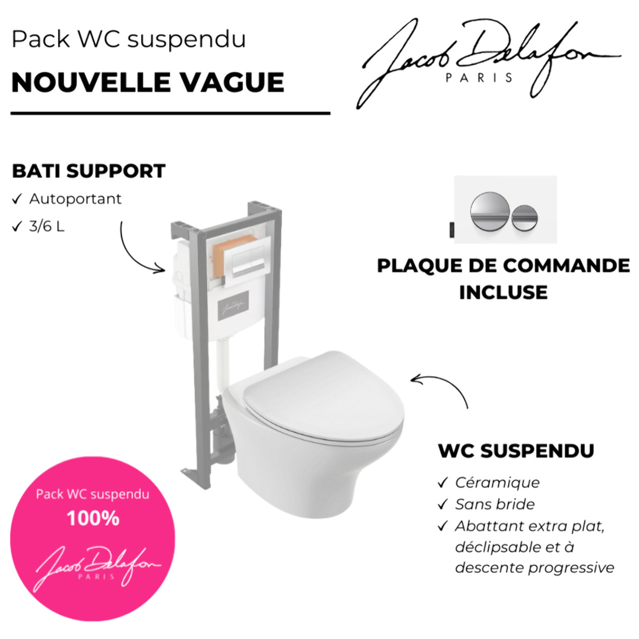 Pack WC suspendu sans bride Nouvelle vague + bati support + plaque chromé brillant blanc mat