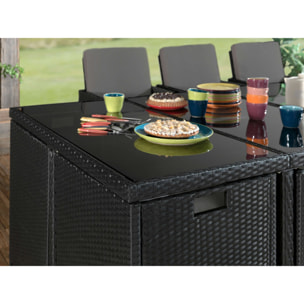 Fira - Salon de jardin encastrable 12 places - en résine tressée - Noir avec coussins gris + housse de protection - Noir / Gris