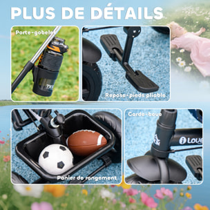 Tricycle enfant pare-soleil pliable canne amovible benne rangement acier bleu à pois noir