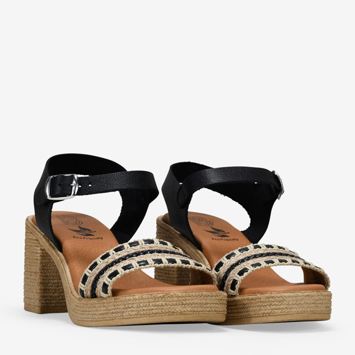 Sandalias de piel negras con tacón efecto esparto
