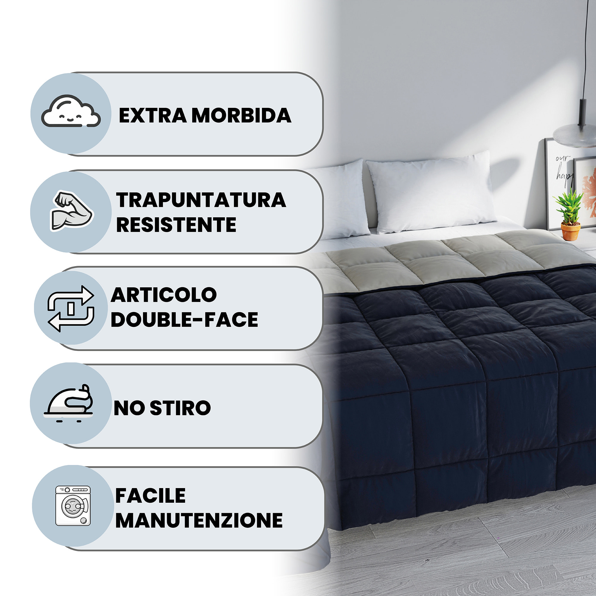 TRAPUNTA INVERNALE ELEGANT, 300gr, Microfibra, Doubleface, Made in Italy - BLU SCURO/GRIGIO CHIARO