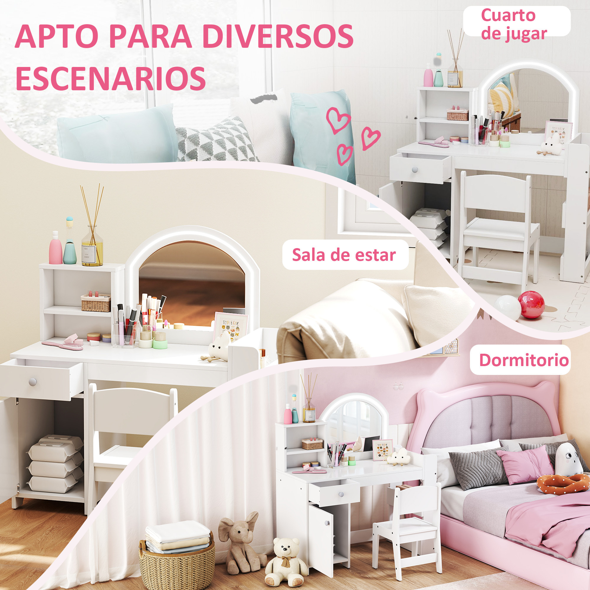 Tocador de Maquillaje Niña, Tocador Infantil con Taburete y Espejo con Luces LED, 1 Cajón, Armario y 5 Estantes, para Niños de 3 a 8 Años, Blanco