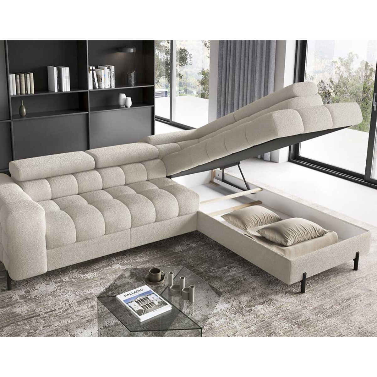 Elisa - canapé d'angle droit 5 places convertible avec coffre et têtières réglables en tissu bouclette - Beige