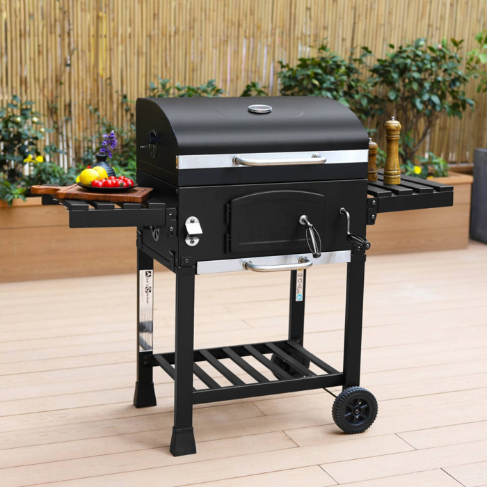 Barbecue Grill charbon de bois noir - Fumoir avec récupérateur de cendres. aérateurs. bac charbon ajustable et tablettes rabattables