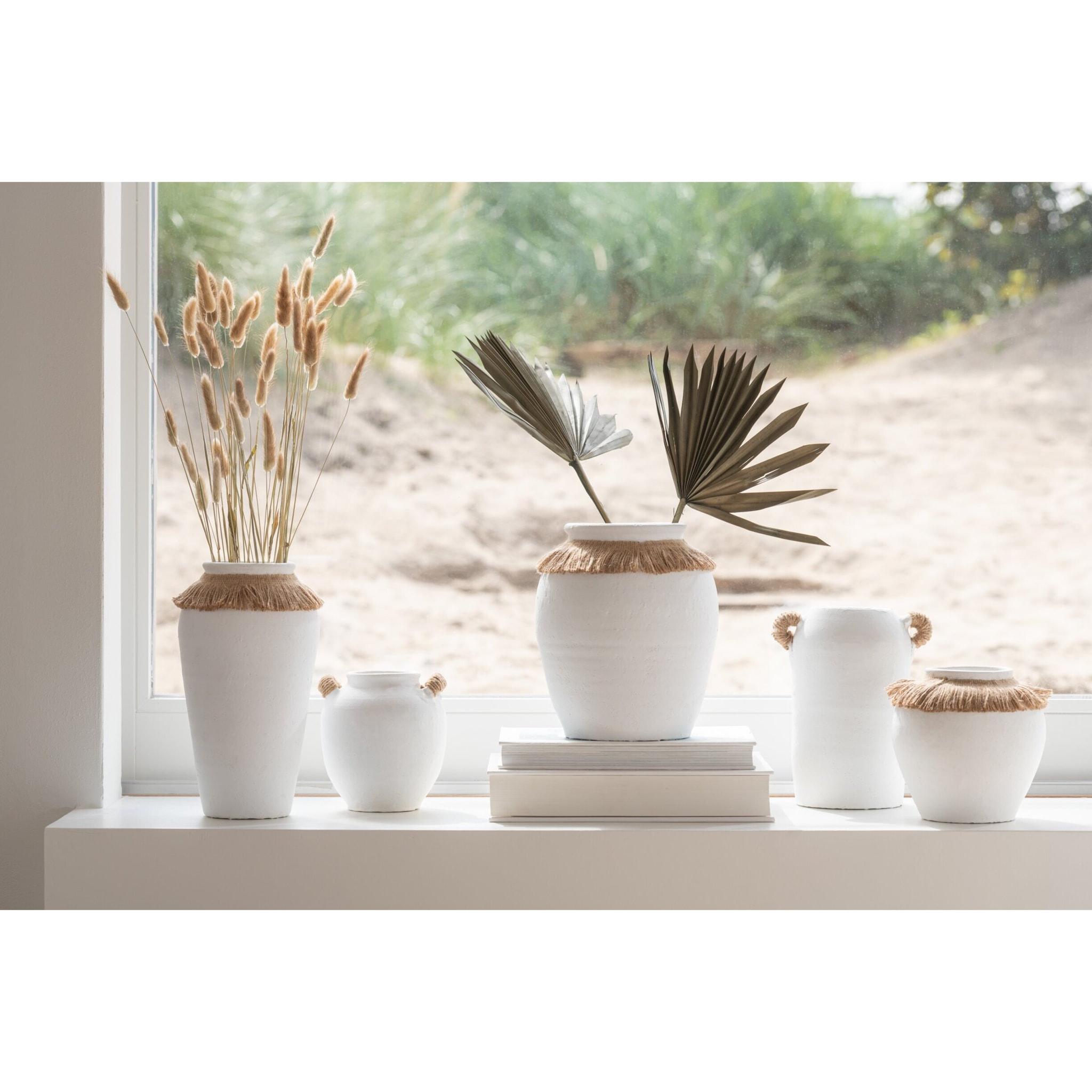 J-Line vase Ibiza - céramique/rotin - blanc/naturel - medium - Ø 10 cm