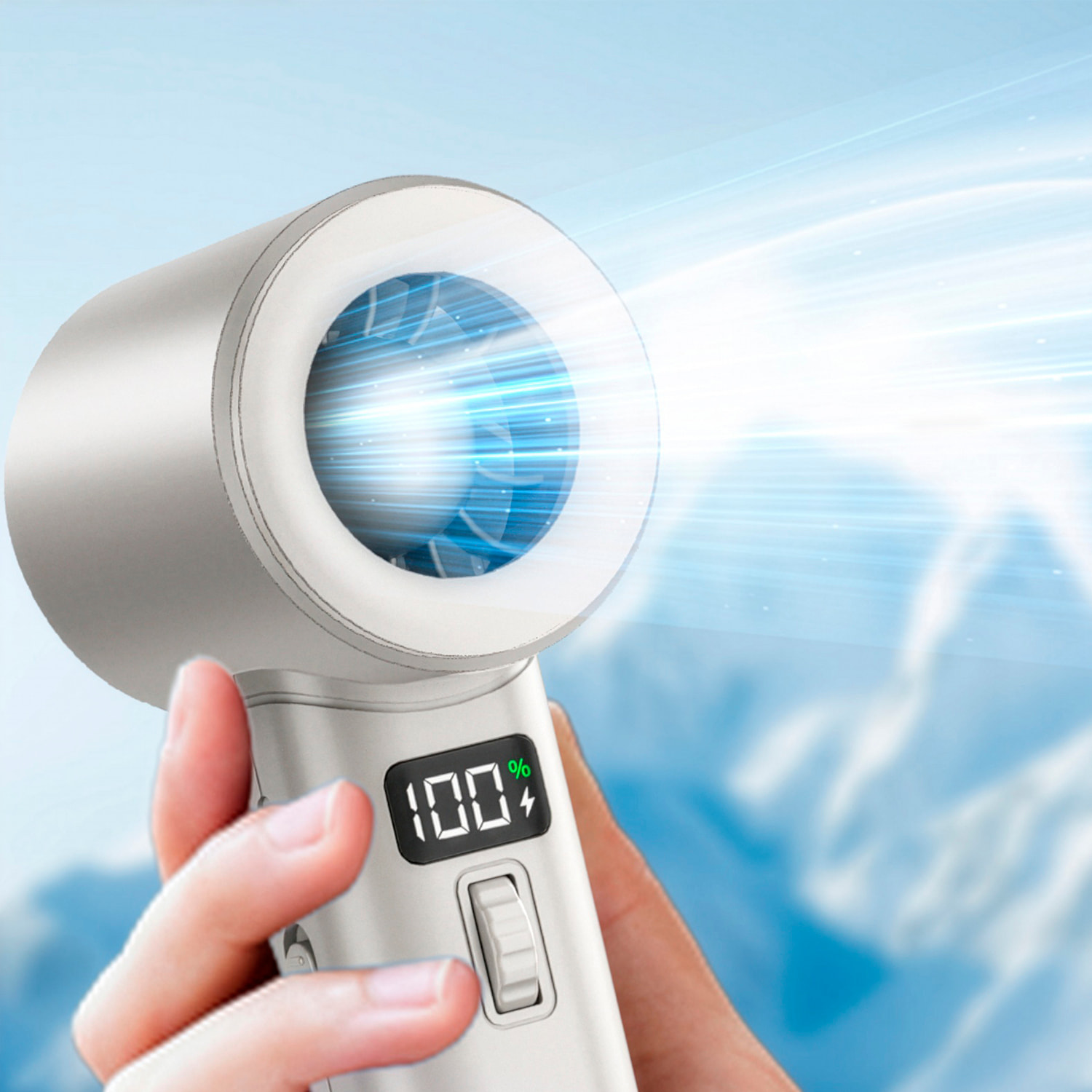 Ventilatore portatile S1064 con 199 velocità di regolazione continua, schermo LCD e visualizzazione in tempo reale del livello della batteria.