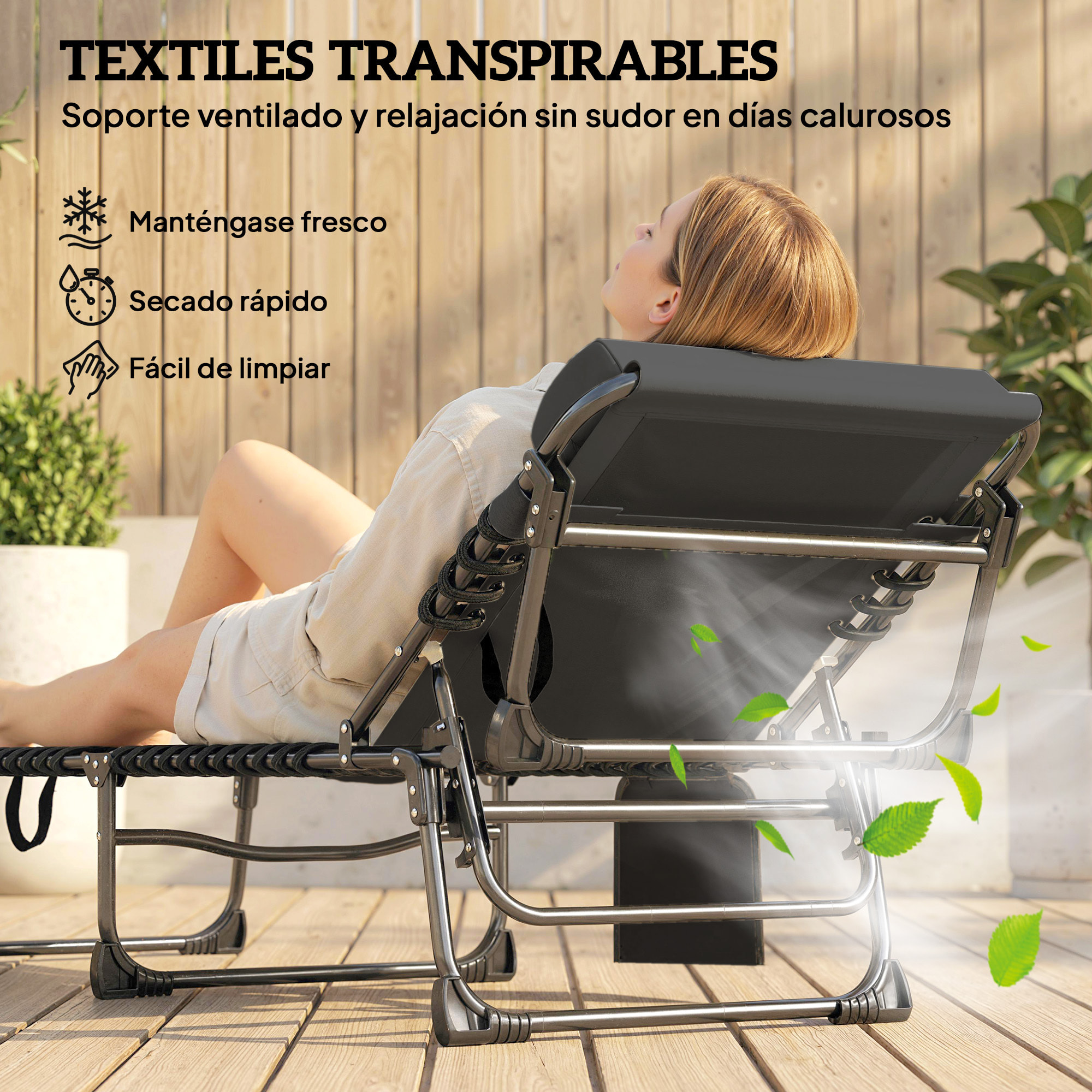 Set de 2 Tumbonas Jardín Exterior, Tumbonas Plegables con Reposacabezas y Bolsillo Lateral, Respaldo Reclinable 5 Posiciones y Asiento de Malla Transpirable para Playa, Piscina, Negro