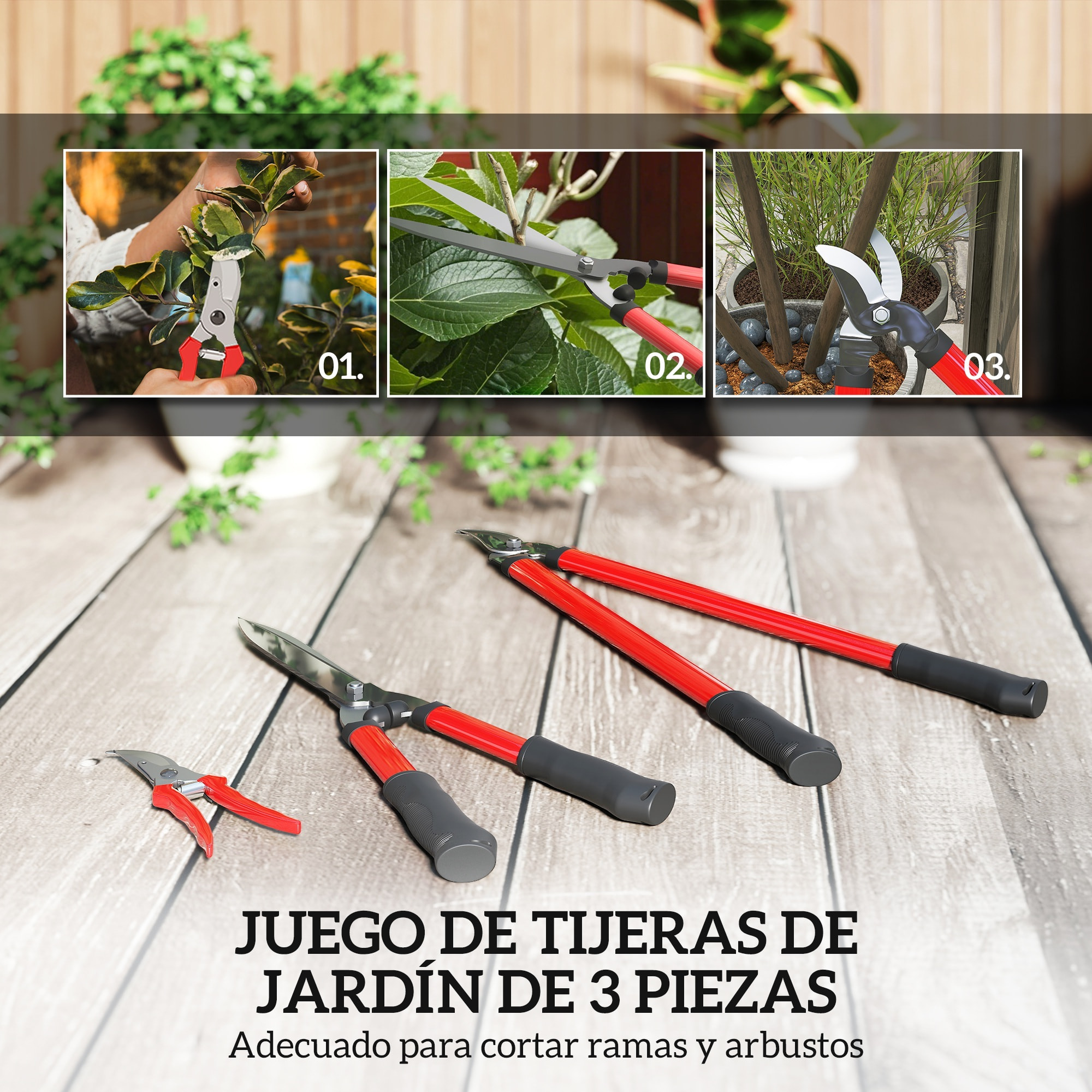 Juego de Herramientas para Jardín de 3 Piezas Juego de Herramientas Jardinería con Tijeras de Jardín Cortarramas Tijeras de Podar y Mangos de Goma Antideslizantes Ligera Para Podar Plantas