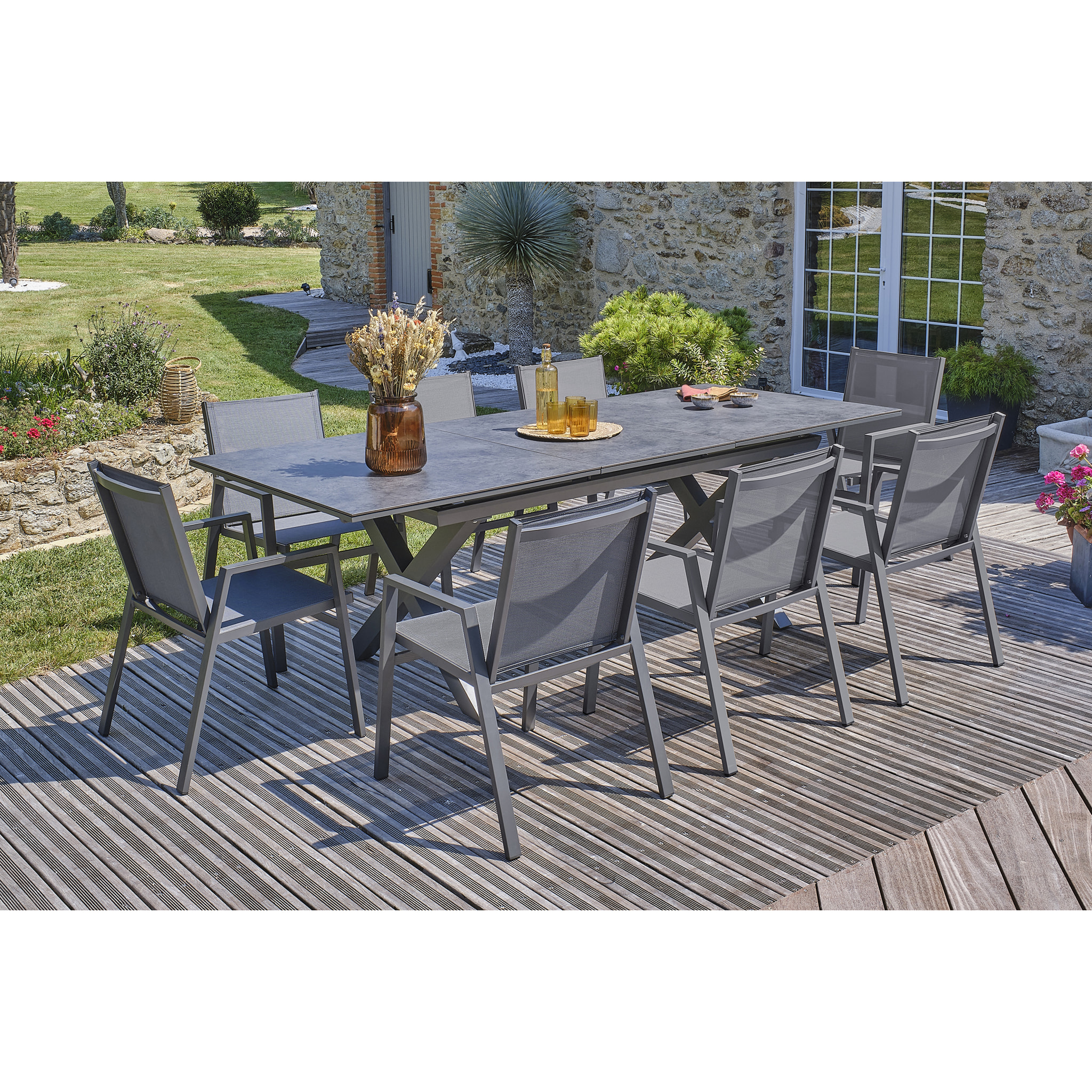 FLORIDE - Ensemble repas de jardin 8 pl plateau céramique sur verre