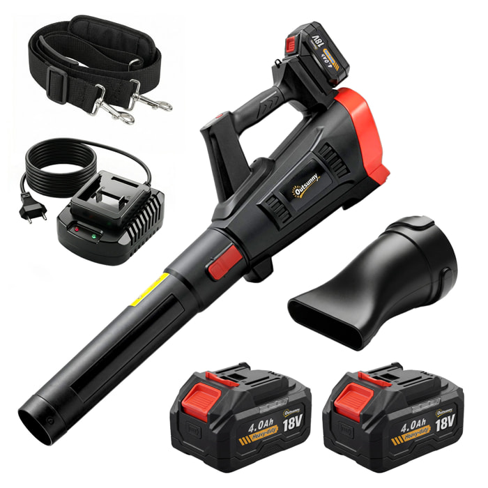 Soplador de Hojas sin Cable 18V con 2 Baterías 4.0Ah y Cargador, Motor Sin Escobillas 600W, 3 Velocidades, Correa Hombro, 149 km/h, Soplador Batería Ligero para Hojas, Polvo, Nieve y Residuos