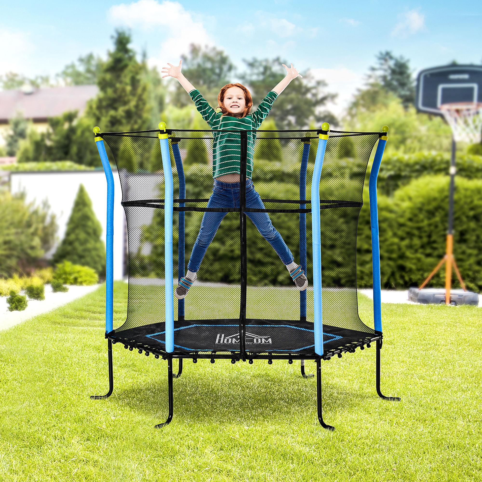 Cama Elástica Infantil de Jardín Trampolín para Niños de +3 Años con Superficie de Salto Ø120 cm Red de Seguridad Acero para Interior Exterior Ø160x163 cm Negro y Azul