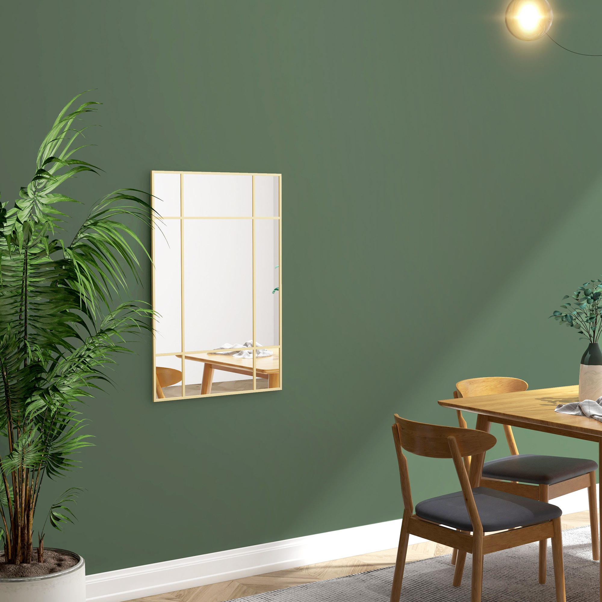 Miroir mural verrière rectangulaire - installation horizontal ou vertical - 4 crochets - 90 x 60 cm - métal doré