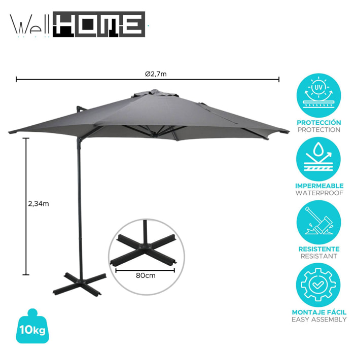 Well home - sombrilla colgante push up de ø270cm en color gris claro con base de acero cruzado