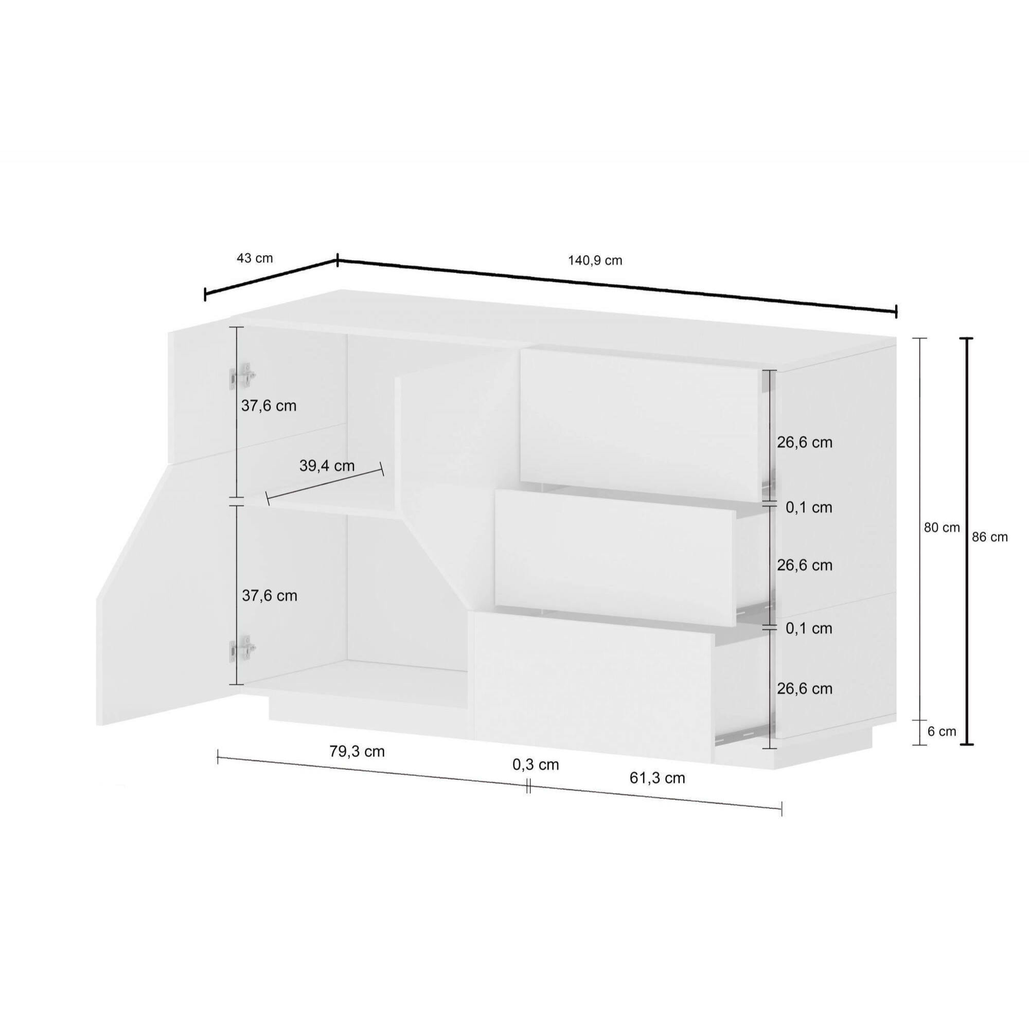 Credenza moderna a 2 ante geometriche e 3 cassetti, Made in Italy, Madia da cucina, Buffet di design da soggiorno, Cm 141x43h86, Bianco lucido e Acero