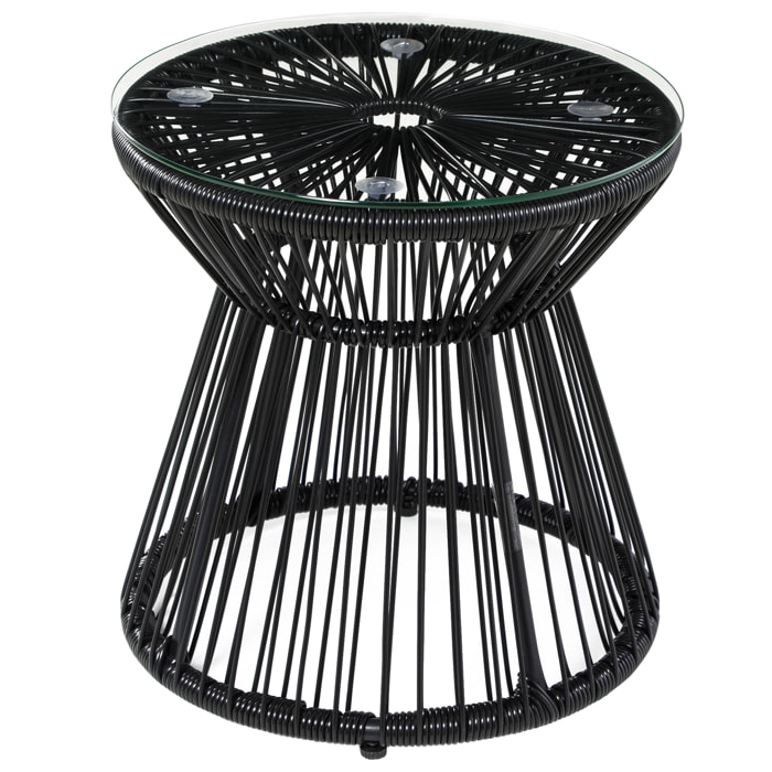 Mesa de Jardín de Ratán Sintético Mesa de Centro Redonda con Tablero de Vidrio Templado y Marco de Metal Carga 30 kg para Patio Jardín Balcón Ø40x42 cm Negro