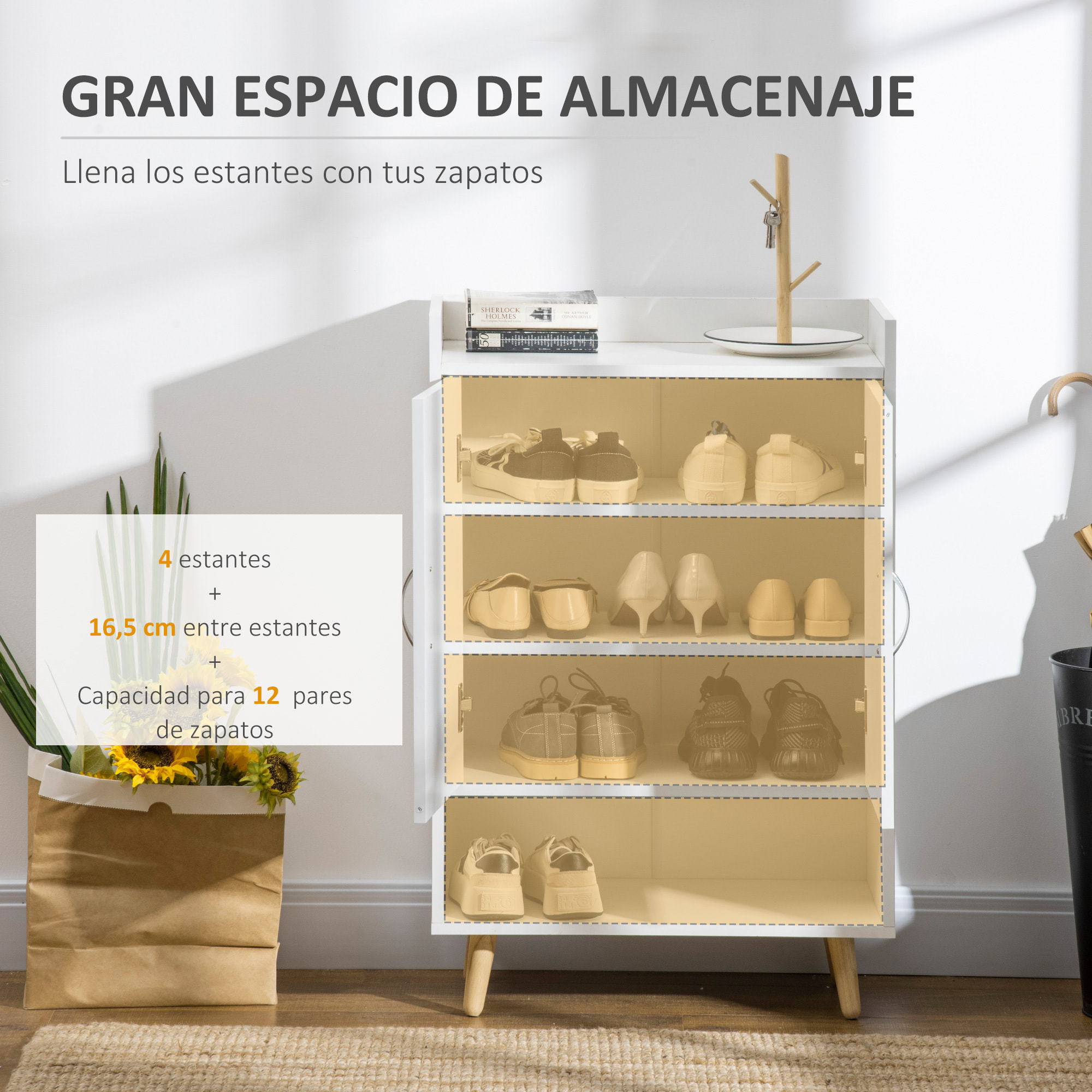 Mueble Zapatero de 2 Puertas Moderno Armario Auxiliar para 12 Pares de Zapatos con 4 Estantes para Recibidor Salón Dormitorio 60x30x92 cm Blanco