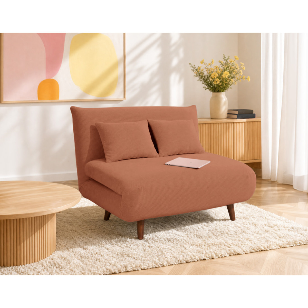 Lumi - Banquette convertible clic-clac 1 place en velours côtelé - Terracotta