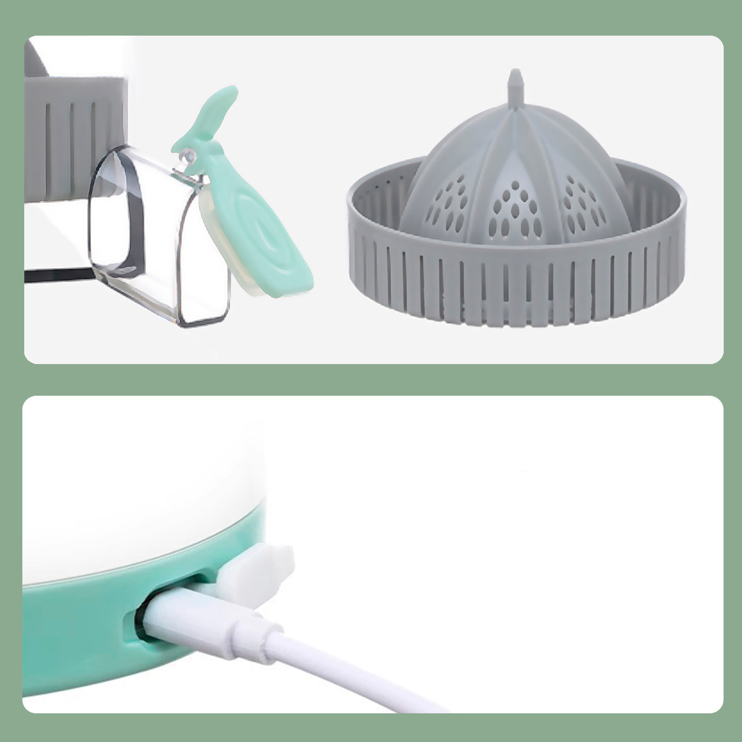 Exprimidor doméstico de naranjas recargable 7,4V / 45W con filtro de pulpa y una sola tecla de uso.