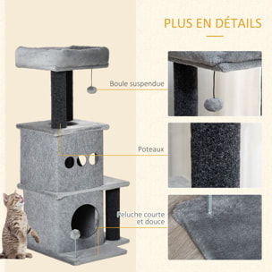 Arbre à chat centre d'activités griffoirs jeu boule suspendue et à ressort 2 niches housses amovibles plateformes gris