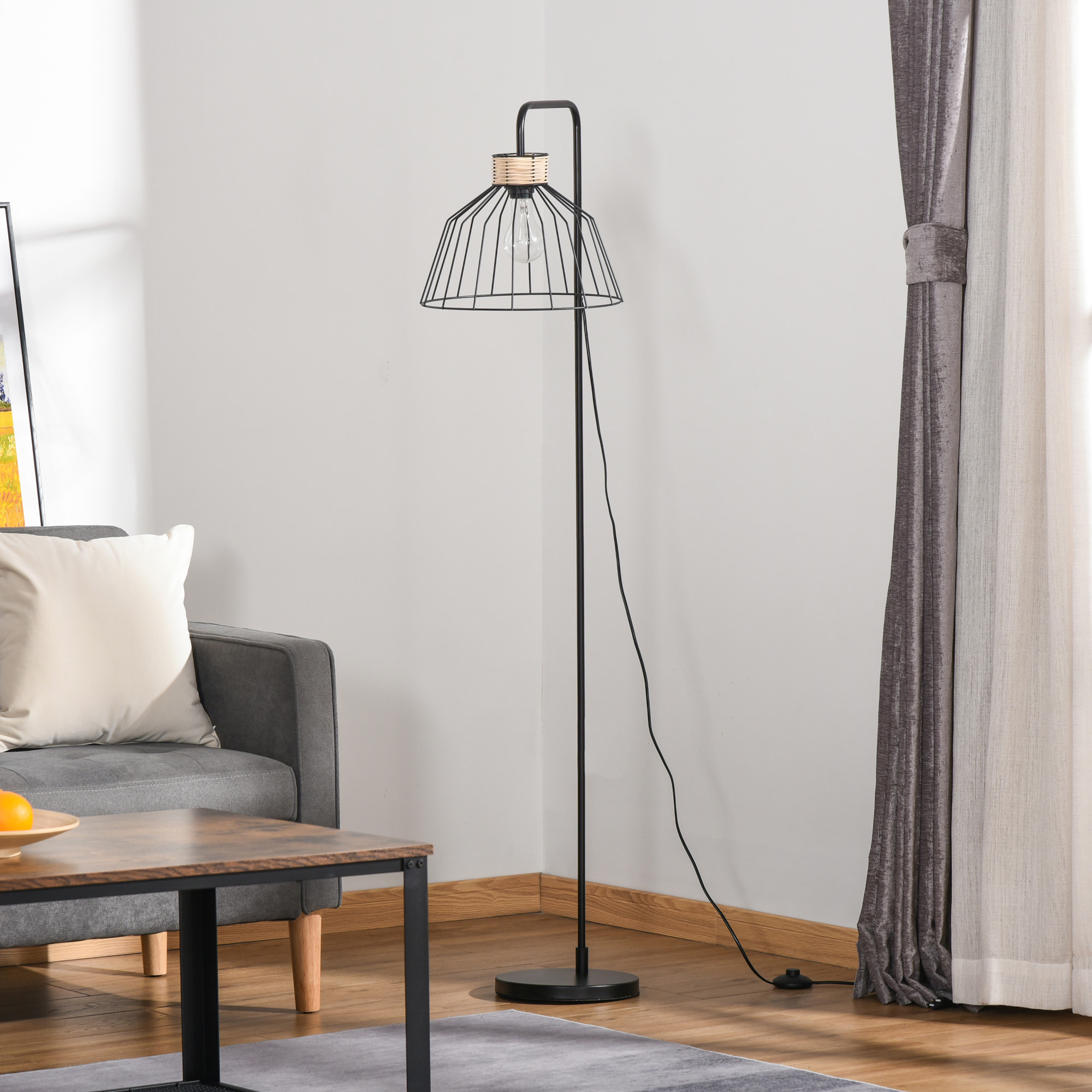 Lampadaire design industriel grillagé et arqué 40 W max. métal noir rotin