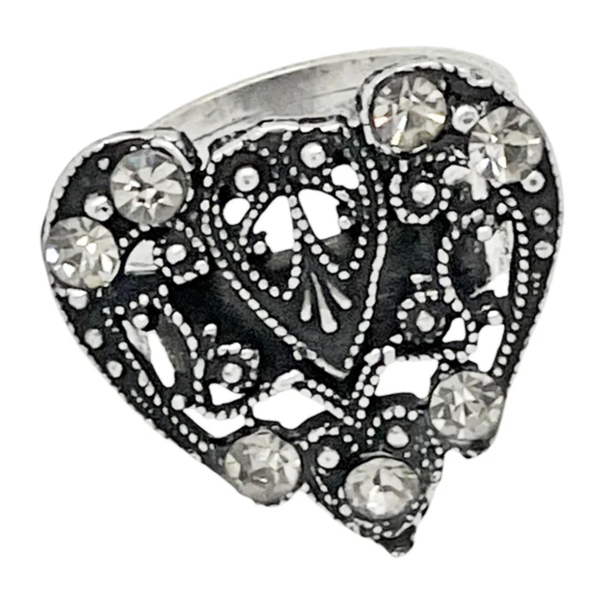 Anillo Vintage corazón y cristal black diamond plata envejecida