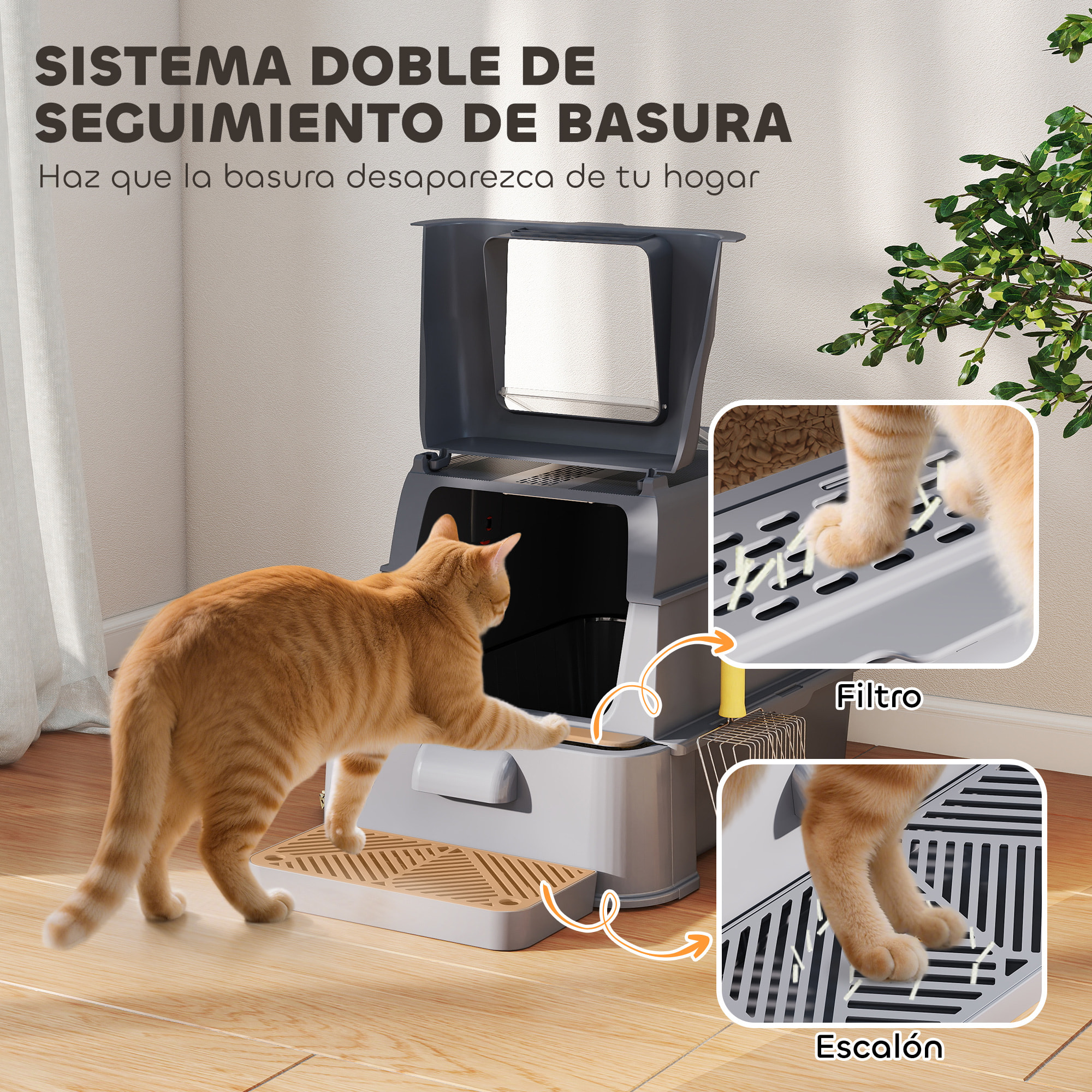 Arenero para Gatos de Acero Inoxidable XL, Caja de Arena para Gatos, Arenero con Tapa Abatible 180°, Laterales Altos, Pedal, Pala, sin Olores, Fácil de Limpiar, Antifugas, Gris Oscuro
