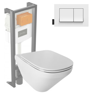 Pack WC suspendu sans bride Modern Life + abattant + bâti-support + plaque rectangle blanche