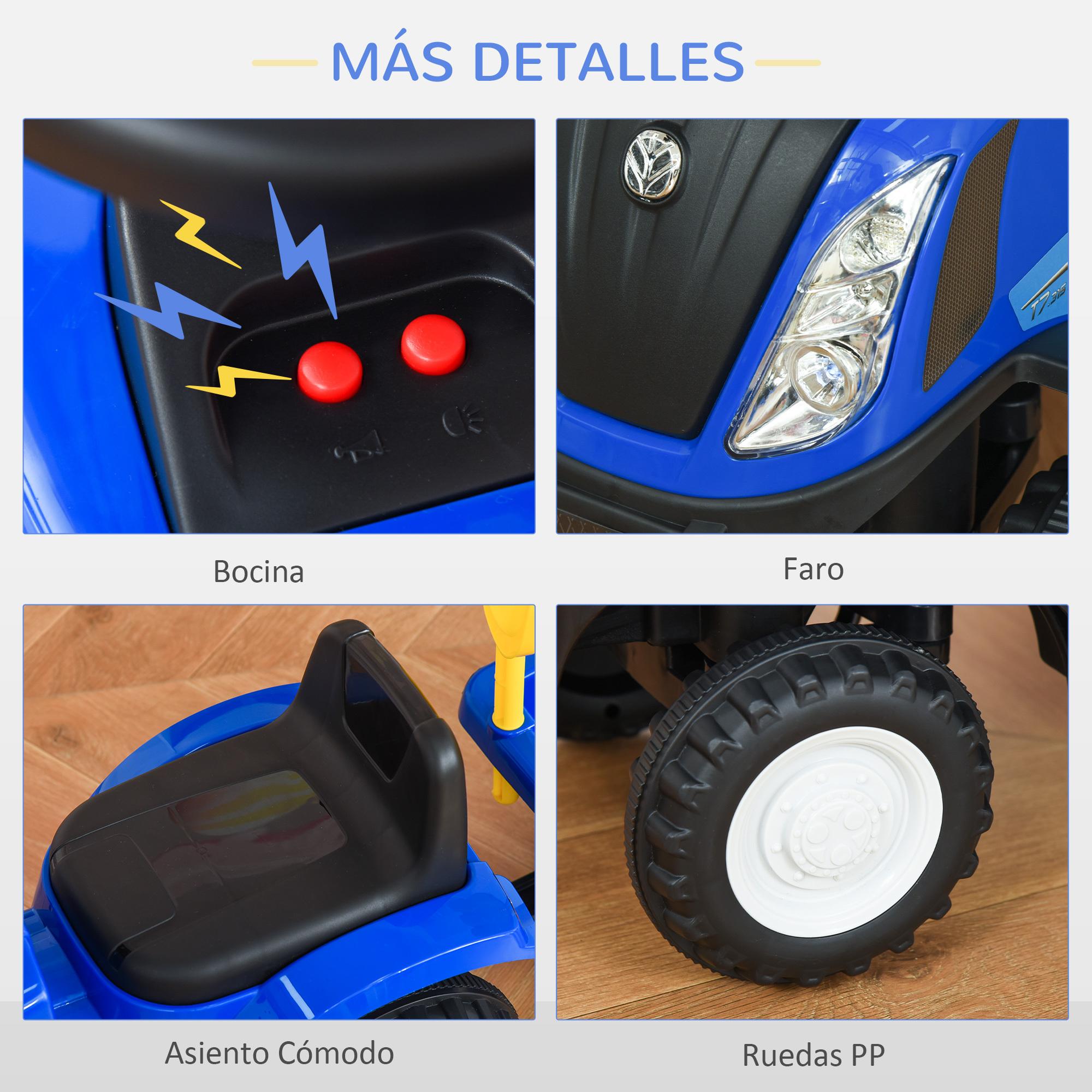 Tractor para Niños de 12-36 Meses con Remolque Extraíble Coche Correpasillos con Bocina Faros Pala Asiento de Suelo 25 cm y Rastrillo Carga 25 kg 91x29x44 cm Azul