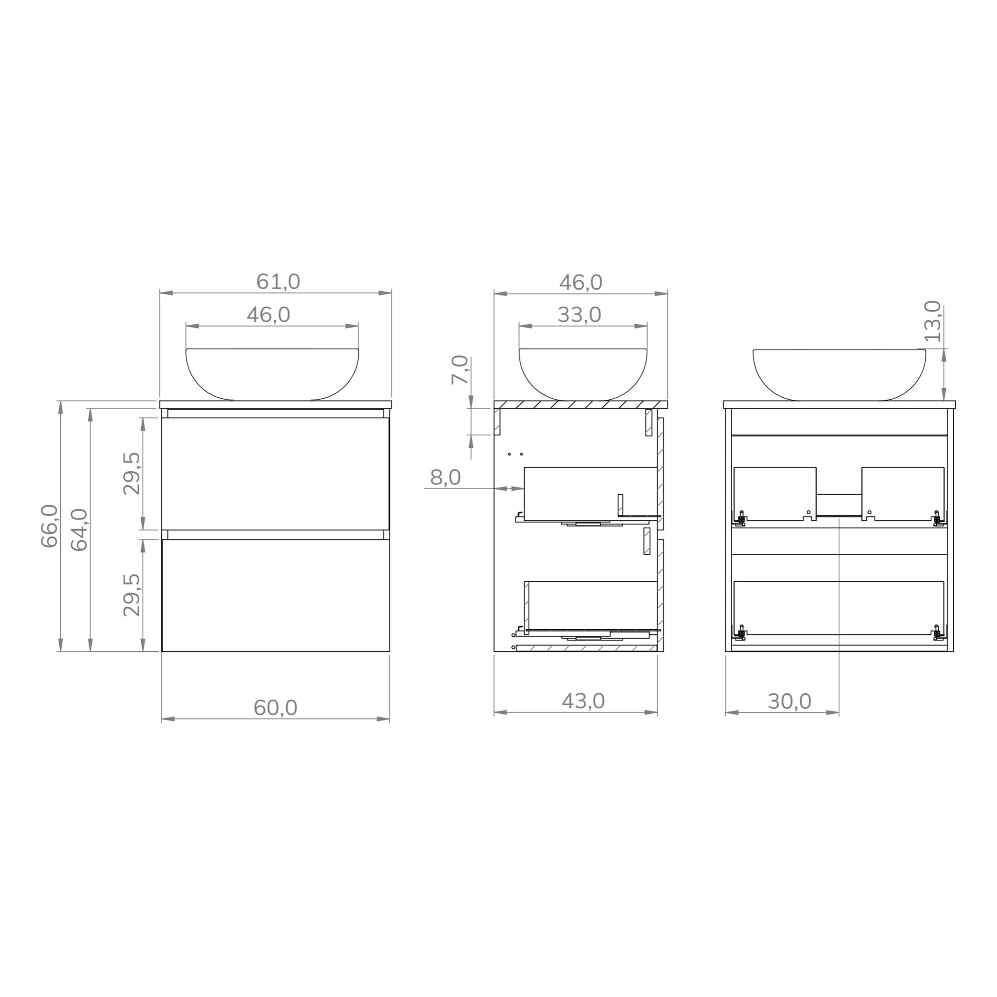 Conjunto de Baño Kaji | Mueble de Baño Suspendido | 60 cm Bardolino| Dos Cajones | Lavabo Ovalado sobre Encimera | No incluye Espejo | Alday