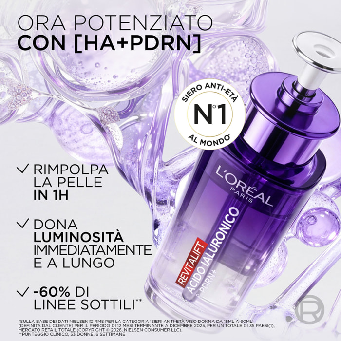 Siero Viso Rimpolpante Anti-Rughe Idratante Revitalift con Acido Ialuronico e PDRN+ Illuminante da 30ml